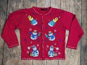 Vintage In Resource Women's Red Snowman Embellished Cardigan Sweater Size Large